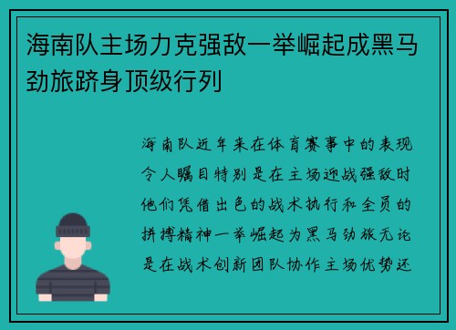 海南队主场力克强敌一举崛起成黑马劲旅跻身顶级行列