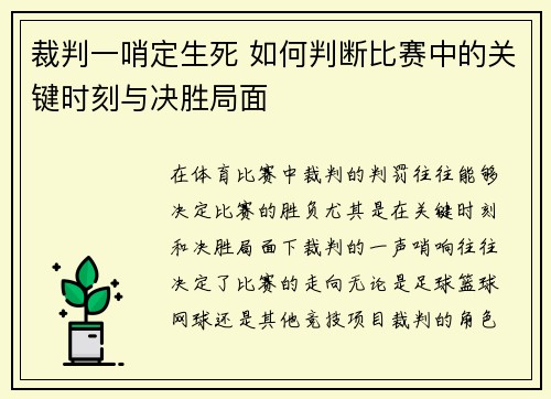 裁判一哨定生死 如何判断比赛中的关键时刻与决胜局面
