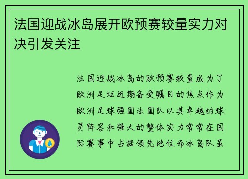法国迎战冰岛展开欧预赛较量实力对决引发关注