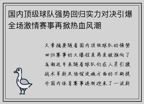 国内顶级球队强势回归实力对决引爆全场激情赛事再掀热血风潮