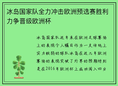 冰岛国家队全力冲击欧洲预选赛胜利力争晋级欧洲杯